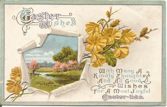 Antique Easter Greetings Yellow Flowers and Country Meadow with Creek Scene 1920s