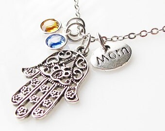 Mothers Day gift for mom, mother necklace, mom birthday gift, birthstone, gift for mom, family necklace, mommy jewelry, hamsa necklace