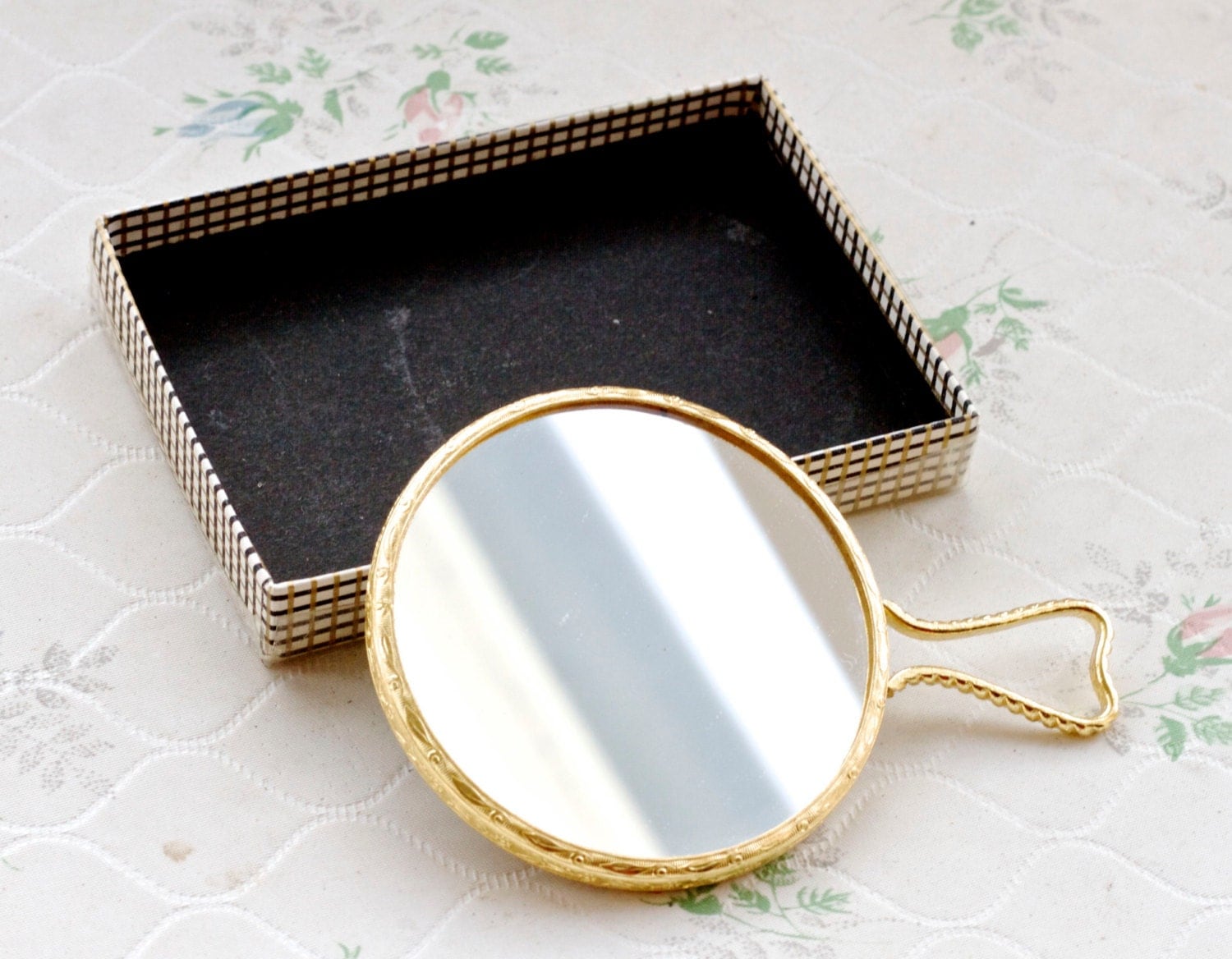 Pearly Small Hand Mirror Golden Handle Boxed