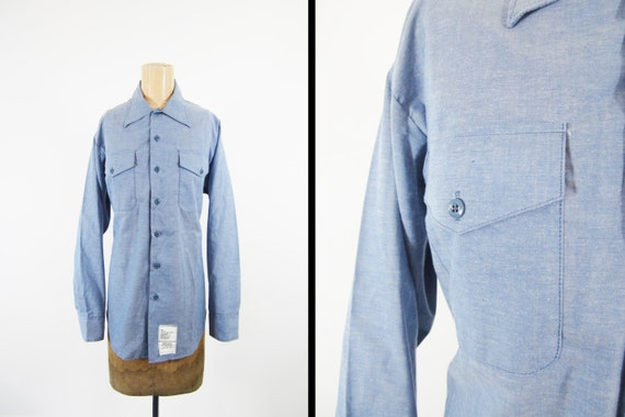 Vintage US Navy Chambray Shirt 80s Blue Long Sleeve Button Up