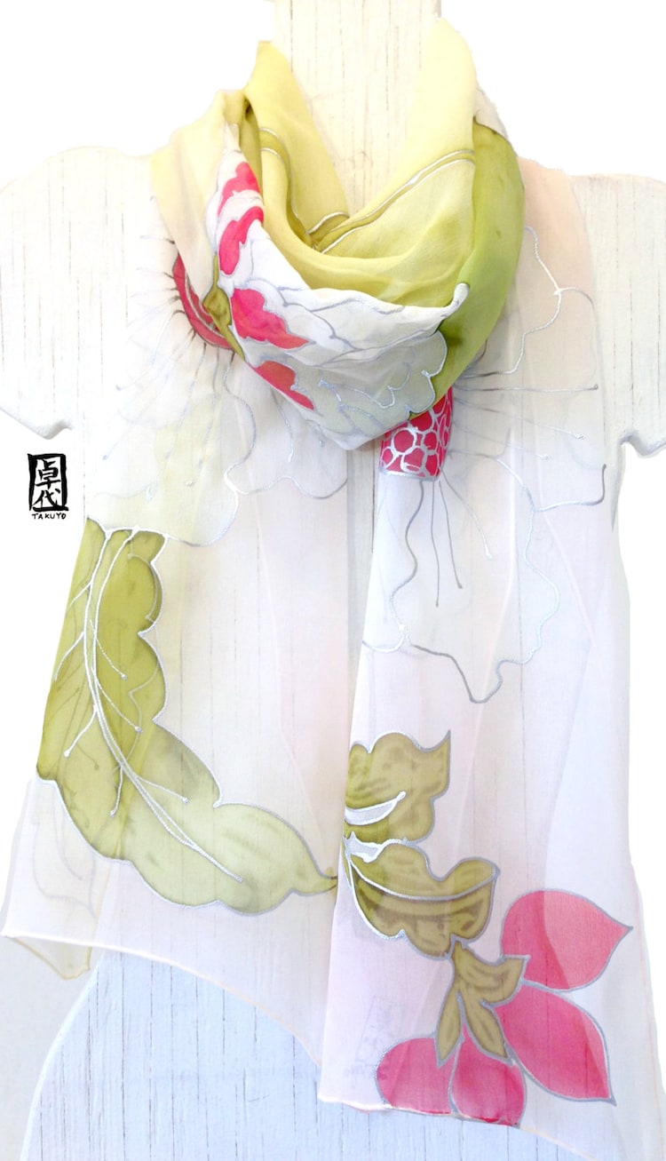 Silk Scarf Handpainted Japanese Silk Hana by SilkScarvesTakuyo