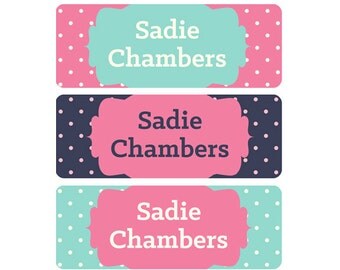 School Labels, Girl, School Name Labels, Waterproof School Labels, Personalized School Labels, Dishwasher Safe, Pink, Pink, Mint, Navy Dots