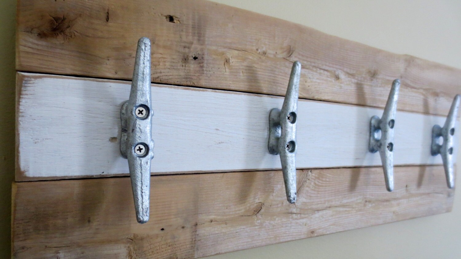 Nautical Boat Cleat Towel Rack Hooks white and Natural Wood