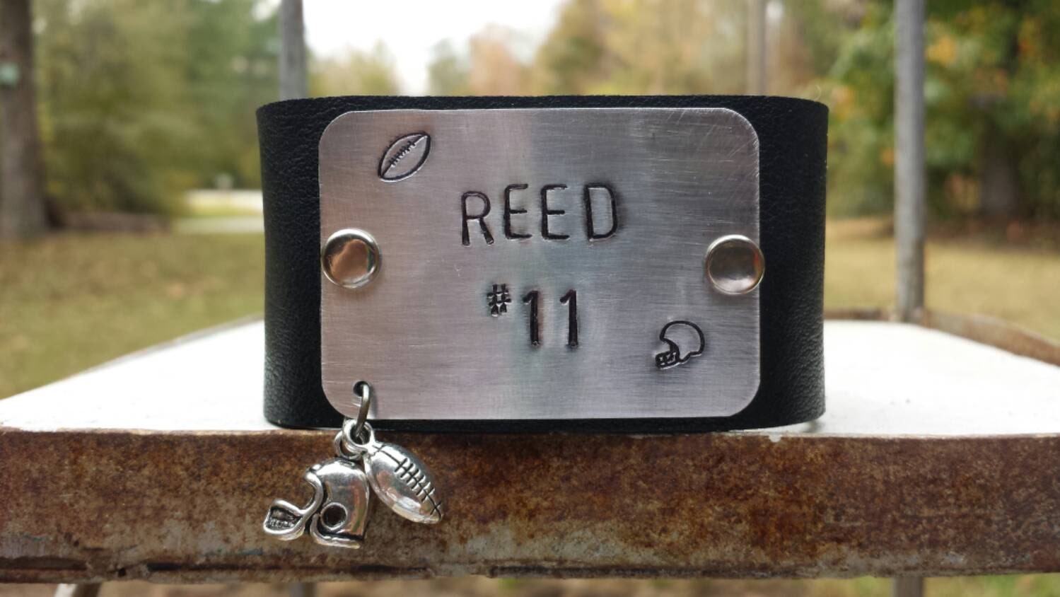 Hand Stamped Football Leather Cuff. Custom Made With Your