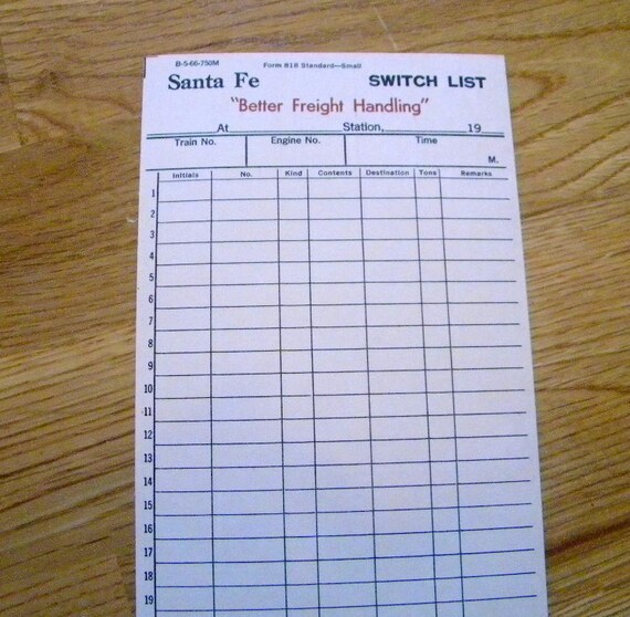 Railroad switch lists midcentury Santa Fe RR switchlist form