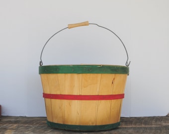 Vintage Orchard Basket with Handle Red Green and Natural Round Split Wood