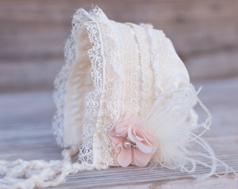 Baby Bonnet - Ivory Newborn Photo Prop - Vintage Inspired Prop - Baby Hat - Newborn Bonnet