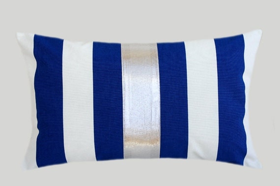 Decorative Pillow Case Striped Royal Blue-White Cotton fabric
