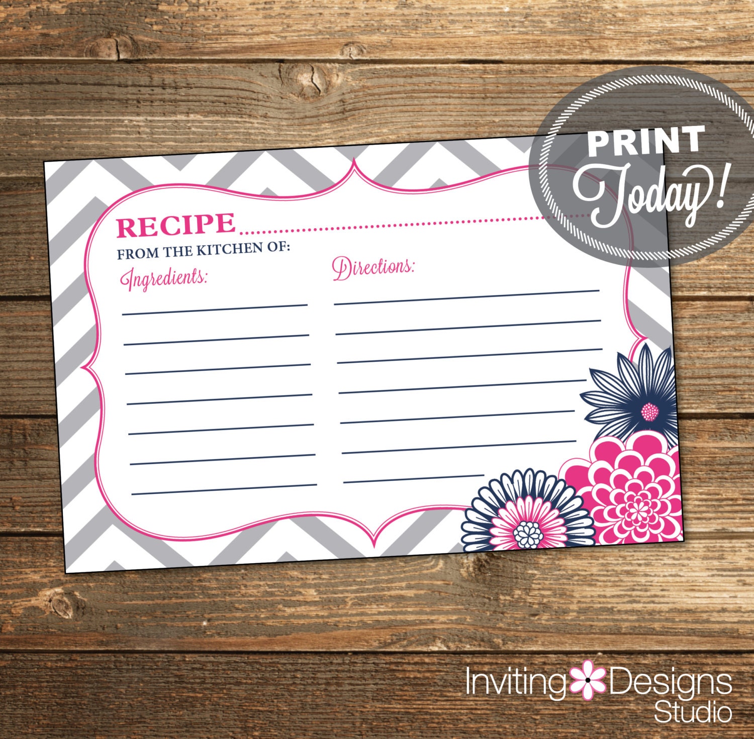 Recipe Card Bridal Shower Invitation Chevron Floral Navy