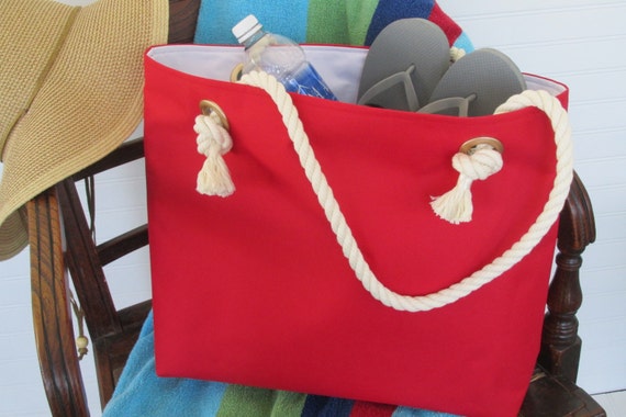 Nautical Red Beach Bag Rope Handles Vacation Bag Cruise Mothers Day