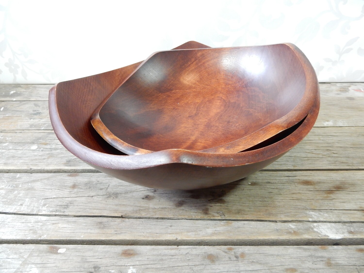 Wooden Bowl Set Square nesting bowl pair Teak stained