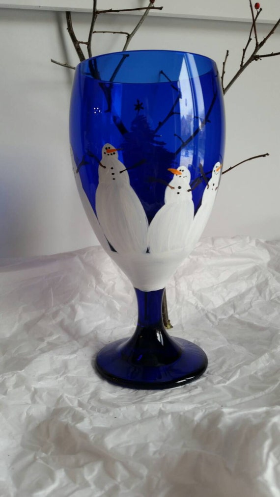 Snowman glass cobalt iced tea glass hand painted water