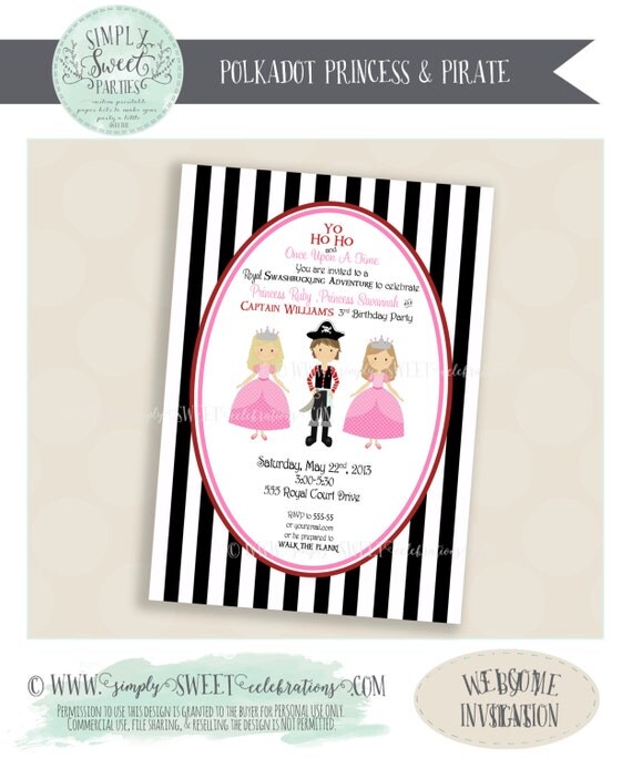 Princess and Pirates Birthday Party DIY printable PDF Invitation for TRIPLETS, siblings or friends. multiple color options Il_570xn