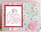 Mother's Day Card in Turquoise and Rose, Woman with Child, Baby