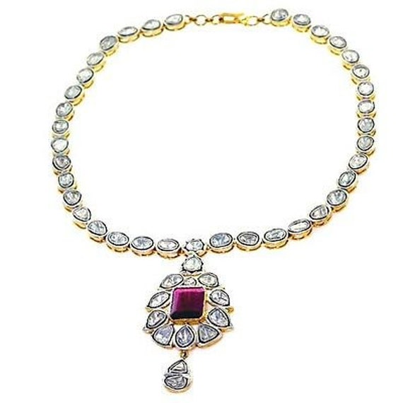 925 Sterling Silver Rose Cut Diamond Ruby Vintage Style Necklace Mughal Style Anniversary Wedding Party Wear Necklace