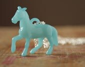 Ocean Blue acrylic charm necklace on long silver chain with lobster clasp - Aqua horse necklace - jewellery - jewelry made in britain dorset