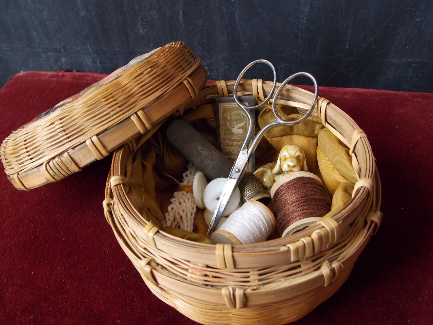 SALE Vintage Mini Sewing Basket and Notions Little Lady