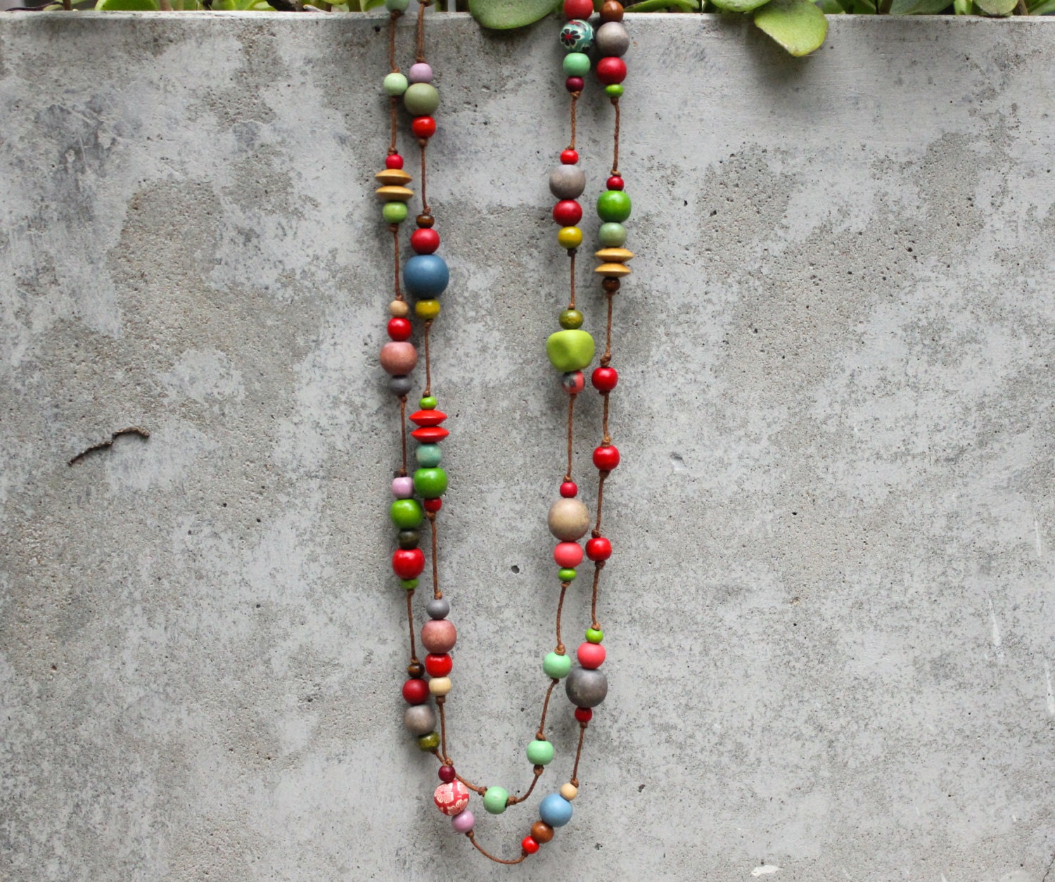 Extra Long Wooden Bead Necklace Green Red Grey Boho 4840