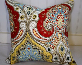 Red, Yellow, Blue and Tan Damask Pillow Cover / Same fabric both sides in Latika Festival
