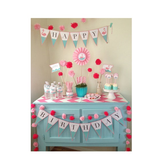 FLAMINGO Birthday Party Pack - Pool or Beach Party Digital files - Party Supplies - INSTANT DOWNLOAD Il_570xn