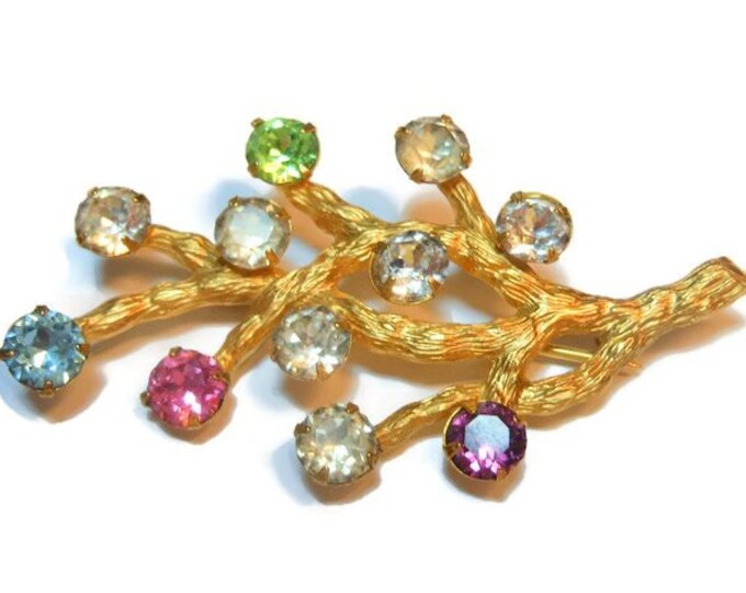 FREE SHIPPING Van Dell tree of life brooch, 1/20 12kt gold filled with prong set rhinestones 1950s early 60s