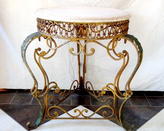 Whimsical One of a Kind Round Antique Wrought Iron Table W/ White ...