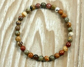 Jasper Stacking Bracelet with Sterling Silver, Red Creek Jasper, Stretch Bracelet, Jasper Bracelet, Southwestern Bracelet