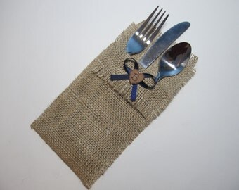 Burlap Silverware Holders - Set of 25 - Personalized for your Rustic Country Wedding - Shown with Navy Blue Ribbon