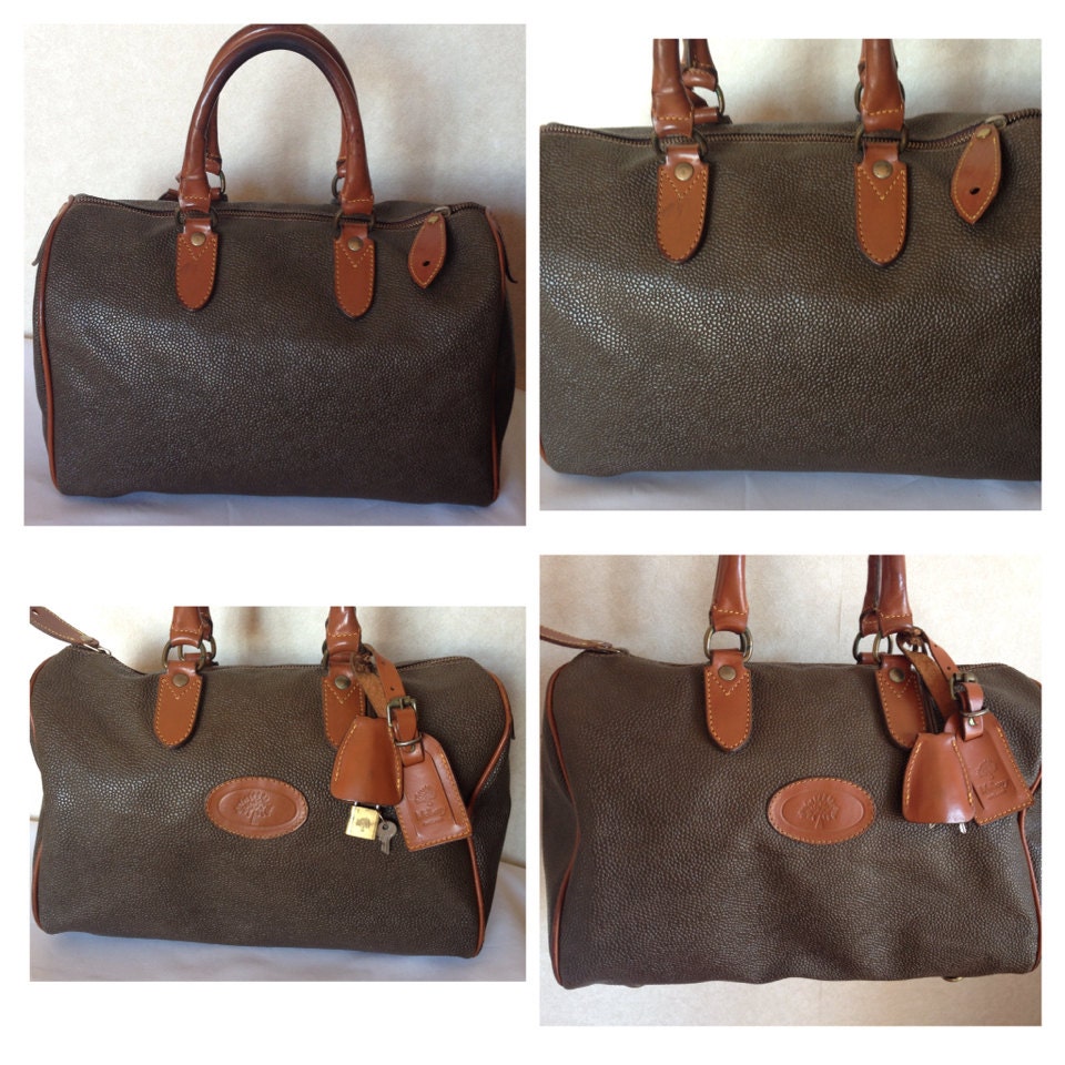 Vintage Mulberry khaki green scotchgrain duffle purse with