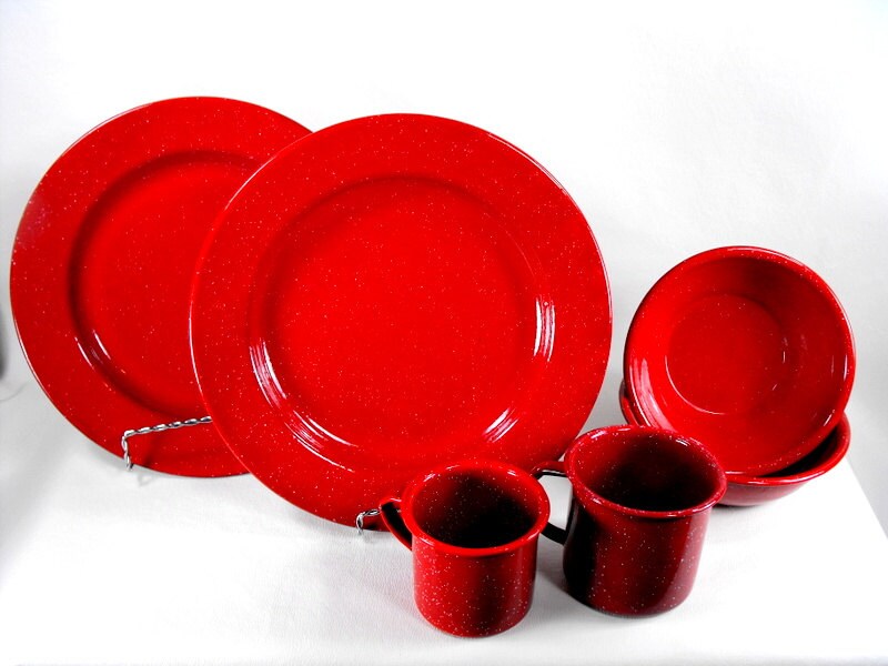 Vintage Red and White Speckled Enamel Dish Set by BlissfulBeatrice