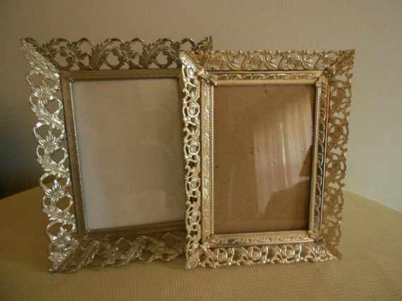 Vintage 5x7 Gold Tone Filigree With White Wash Picture Frame 