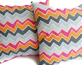 Throw pillow covers pair of two Seesaw chevron pink orange gray tan