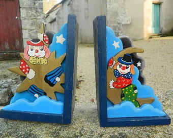 Vintage french 1960 " Serre-livre clown en bois pour enfant"
