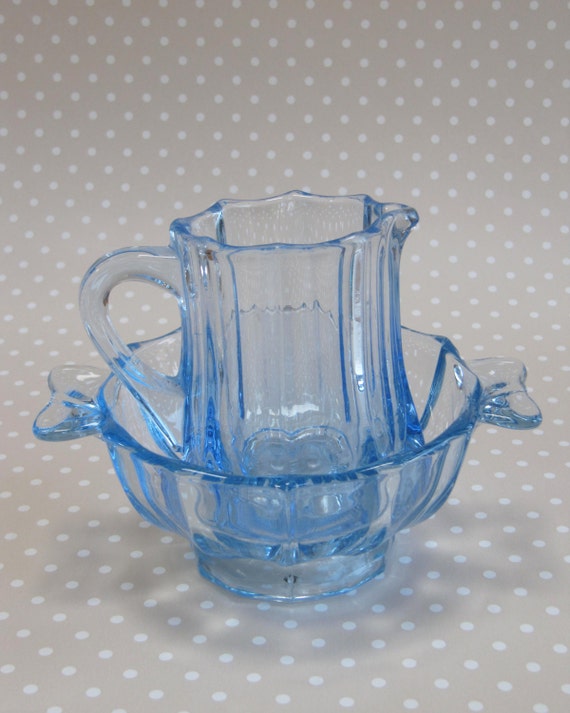 Vintage Retro Blue Glass Milk Jug and Sugar Bowl Set