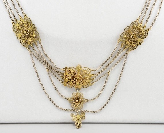 Spectacular Victorian Sicily gilded silver filigree necklace