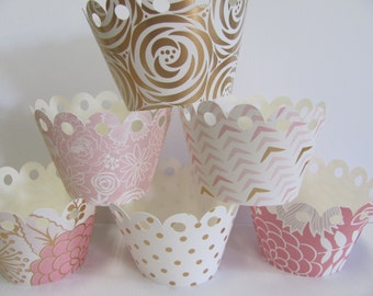 Cupcake wrappers, Blush, Gold, Pink cupcake wrappers, Set of 12 wrappers, Baby Shower decorations, Birthday Party, Wedding Decorations