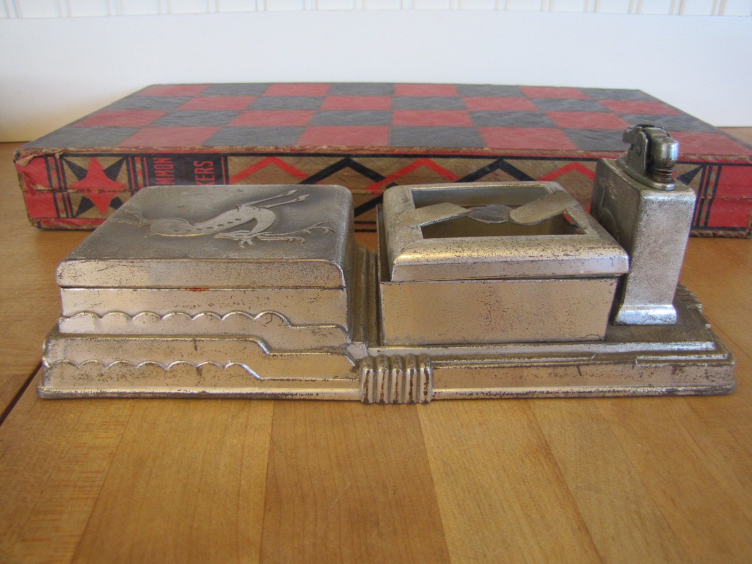 Vintage Art Deco Cigarette Tabletop Box, Cigarette, Box, Holder, Ashtray, Lighter, Tabletop, Art
