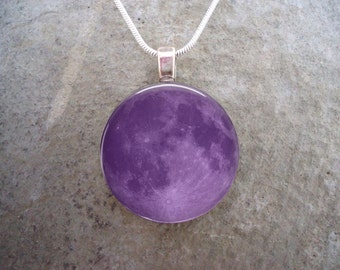 Purple Full Moon - Glass Pendant Necklace - Astronomy Jewelry