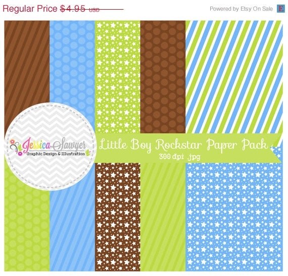 80% OFF - INSTANT DOWNLOAD, rockstar digital paper - boy printable paper pack - stripe background - blue polka dot - striped papers Il_570xn