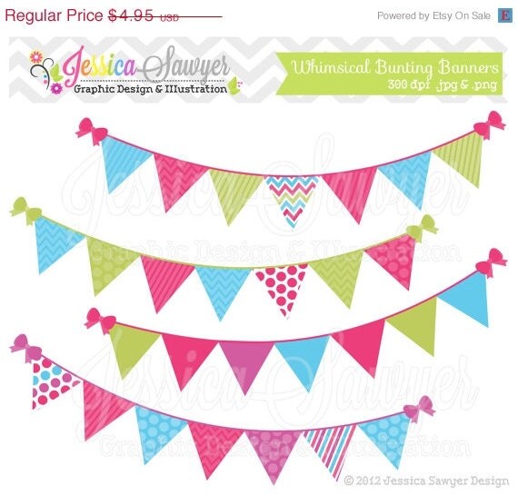 80% OFF - INSTANT DOWNLOAD, Bunting banner clipart - flag clip art - whimsical - patterned- commercial use - card making - digital element Il_570xn