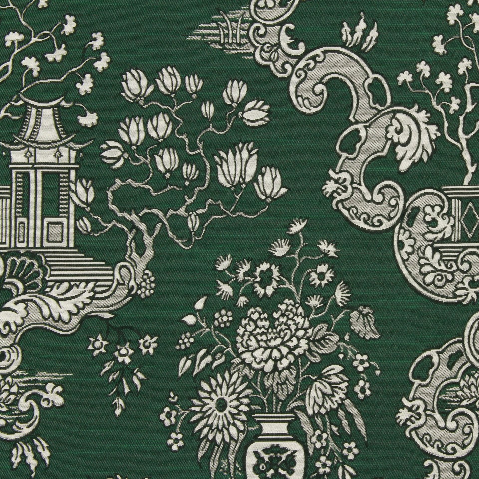Dark Green Toile Upholstery Fabric Emerald Green Asian Toile