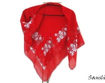 Womens accessories-womens shawl-floral scarf-cotton scarf-gift for woman-turkish crochet lace-traditional scarf-turkish oya-red scarf