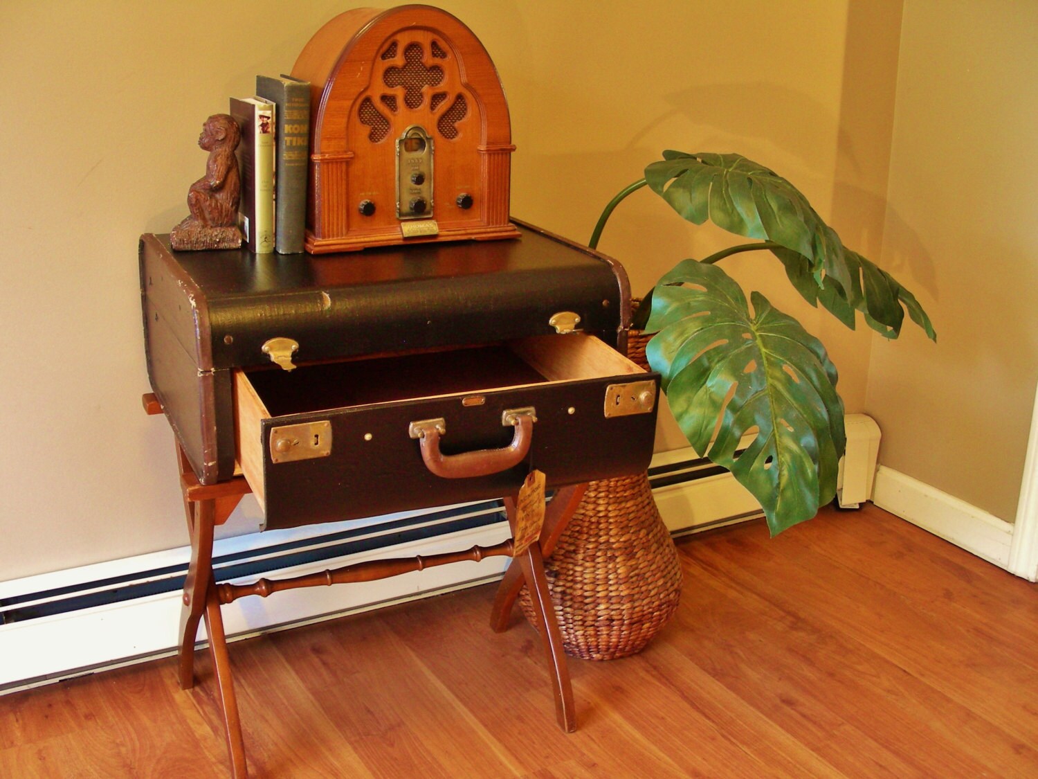 Suitcase Table with Drawer Vintage Side Table End Table