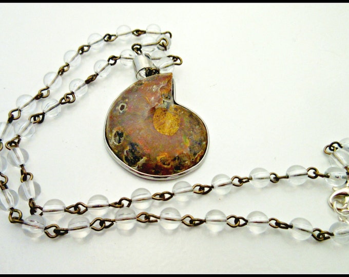 Ammonite pendant on a clear quartz bead Necklace