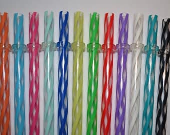 50 Mixed 9" Reusable Straws Clear Swirly Colors Hard Plastic Acrylic Rings BPA Free