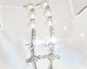 Religious jewelry; Christian earrings; Dangling cross charm jewellery; pearl & rhinestone earrings