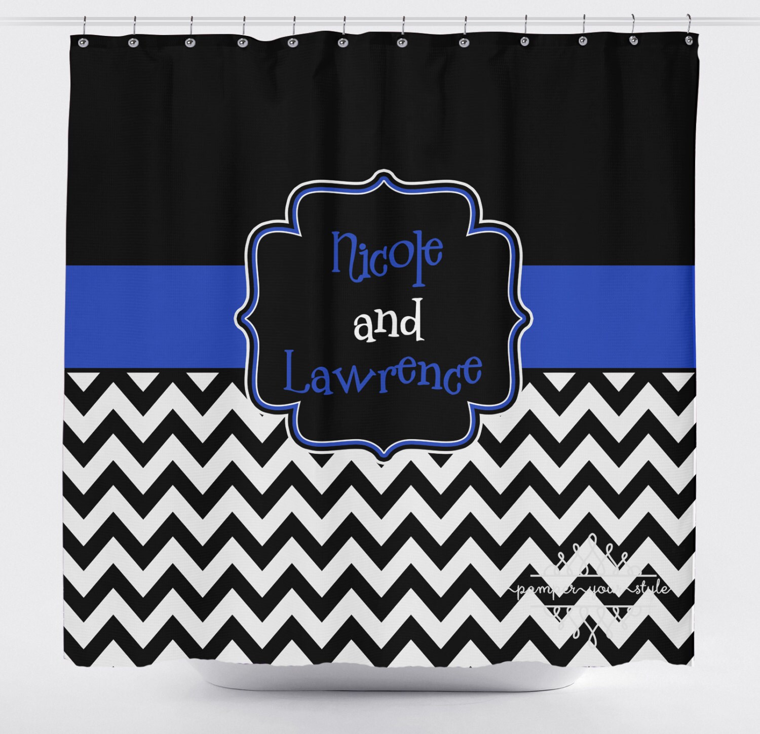 Custom Black and Blue Shower Curtain Monogrammed Chevron