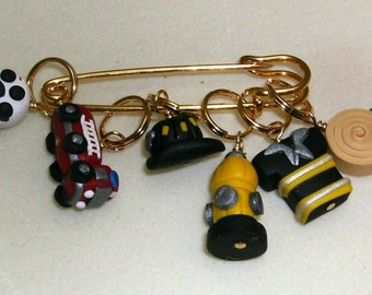 Stitch Markers Fire Fighter Fireman inspired for Knit or Crochet set of 6 Hydrant Jacket Hose truck engine