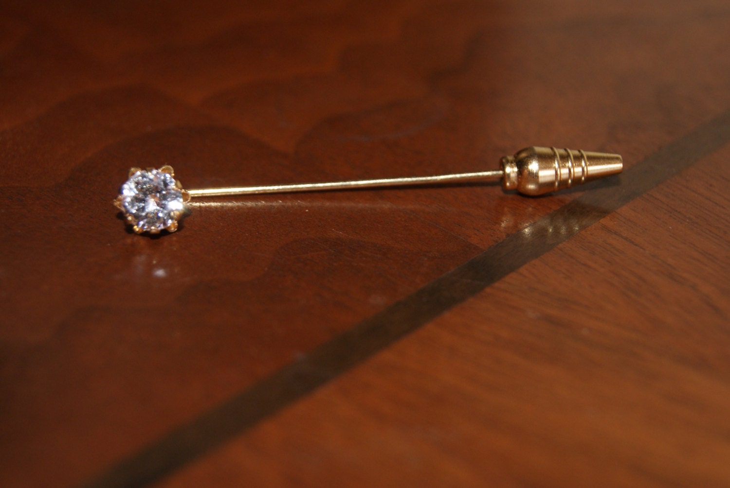 Vintage Unmarked Gold Tone Tie Stick Pin With Crystal Stone