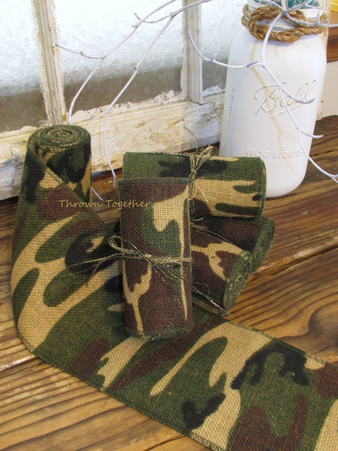 Green Camouflage Burlap Ribbon 5in. Wide Green Camo Burlap